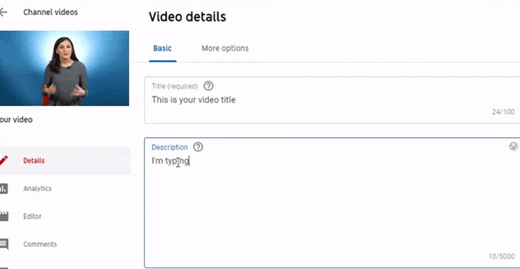 A YouTube description being typed out