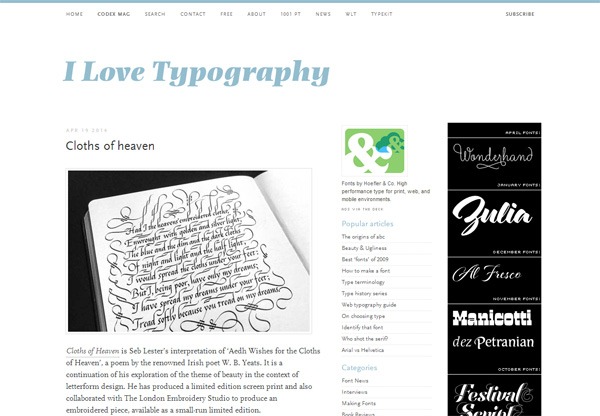 Screenshot of the 'I Love Typography' website featuring a blog post with an open book displaying calligraphy artwork, alongside a sidebar with typography samples and article links.