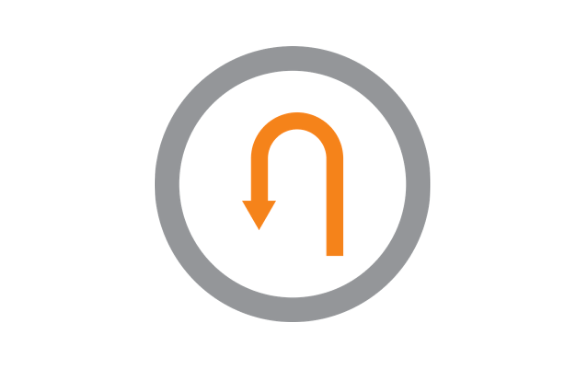 A grey circular icon with an orange curved arrow pointing downwards.