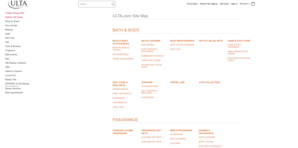 An HTML sitemap on Ulta Beauty's website featuring links to all of their pages