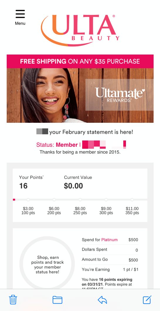 An email from Ulta Beauty with its rewards progress bar