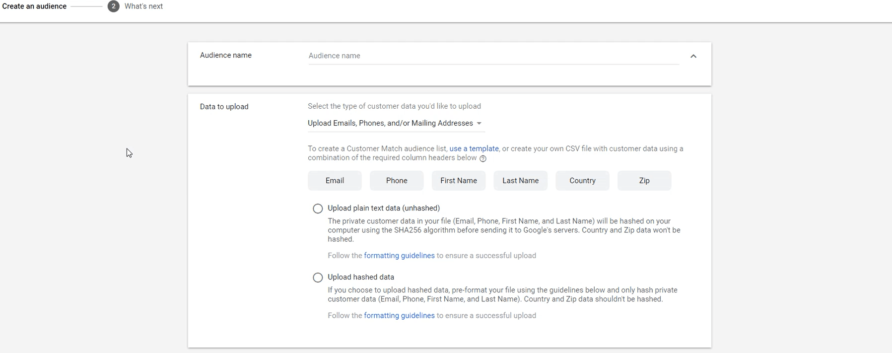 The Google Ads page where you can upload your customer list for customer match