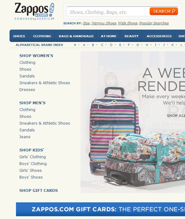 vertical navigation menu example on Zappos