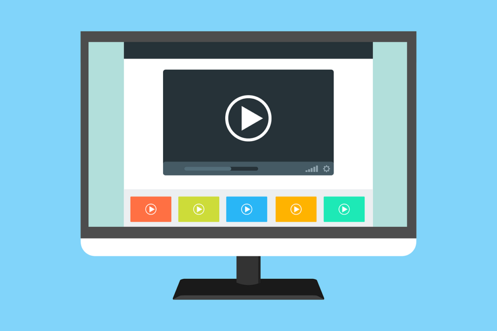 Illustration of a computer monitor displaying a video player interface with a central play button and multiple colorful video channel icons below.