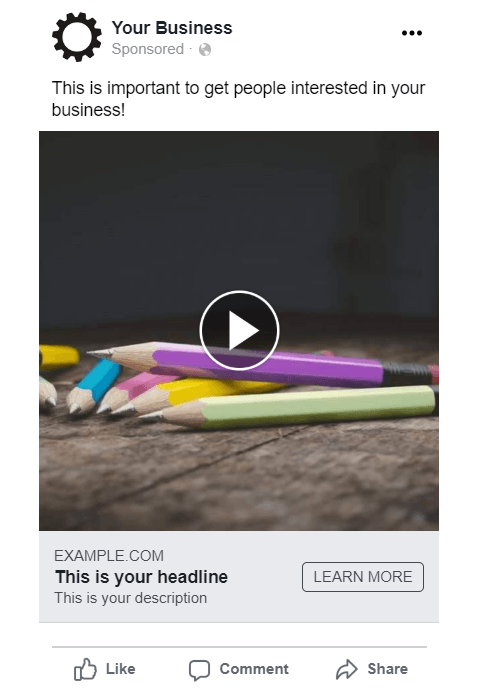 A Facebook video ad mock-up featuring an image of multicolored pencils