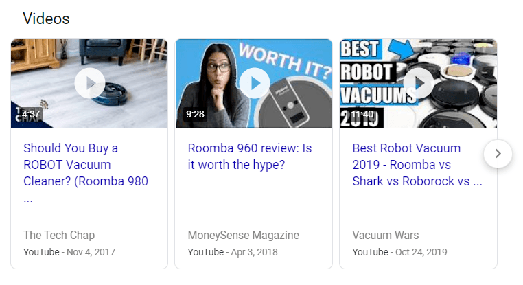 Video carousel in search results