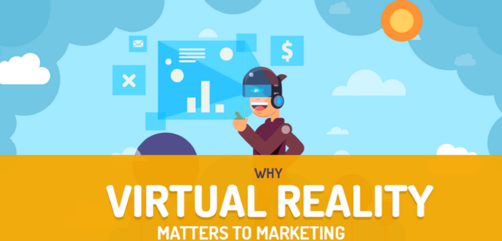 Illustration of a cartoon character wearing a virtual reality headset with icons representing marketing elements in the background, and text stating 'WHY VIRTUAL REALITY MATTERS TO MARKETING' on an orange banner.