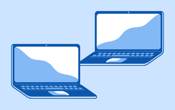 Two stylized flat design laptops facing each other on a blue background, suggesting connectivity or interaction.