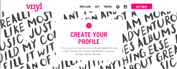 Webpage section from VNYL with a pink background featuring handwritten-style words related to music, a central white box prompting to 'CREATE YOUR PROFILE', and a navigation bar with various options and social media icons.