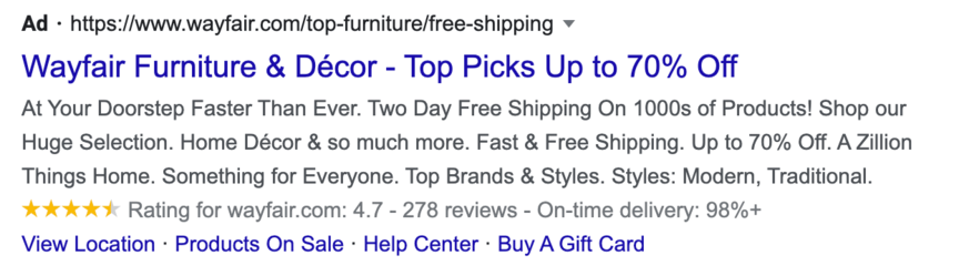 wayfair funiture ppc ad