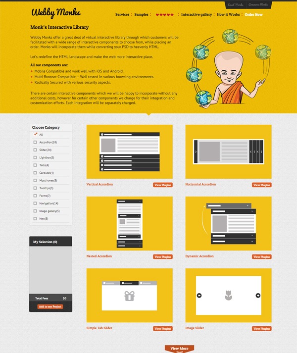 Webpage layout for Webby Monks Interactive Library featuring a cartoon monk, navigation menu, service description, and interactive web components like accordions and sliders, with a category selection and project fee calculator.