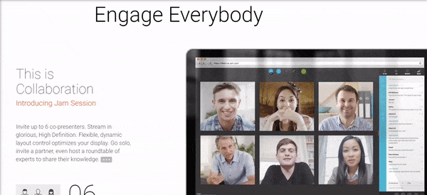 A laptop displaying a video conferencing interface with six participants, titled 'Engage Everybody' and additional descriptive text about collaboration and inviting presenters.