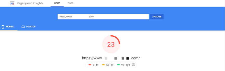 Example of website failure in speed test results