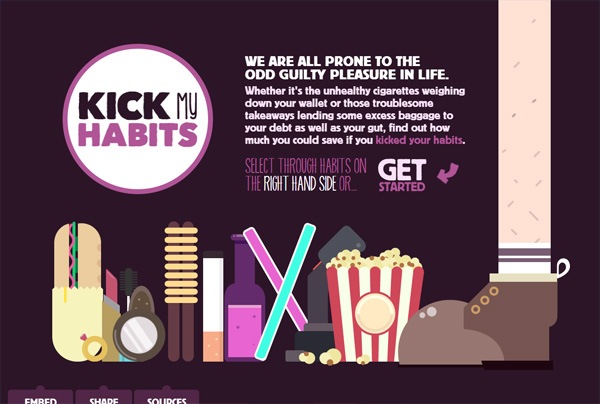 A website that with bold colors: Kick My Habits