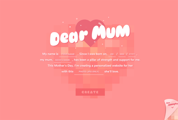 A website that with bold colors: Dear Mum