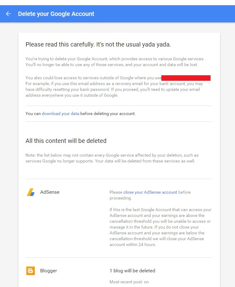 Delete account settings page