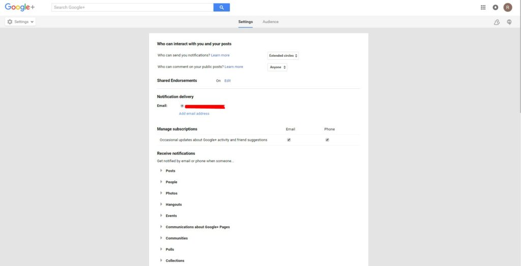 Google+ Settings menu