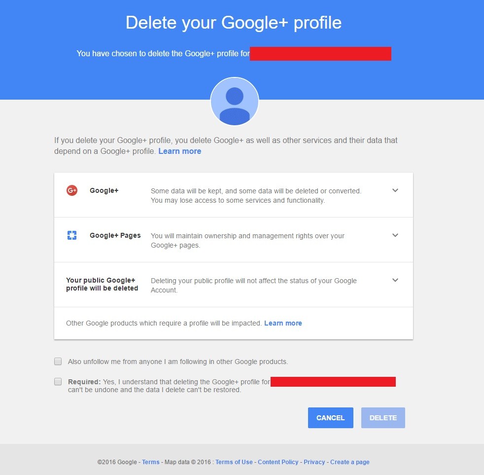 Delete Google+ profile menu