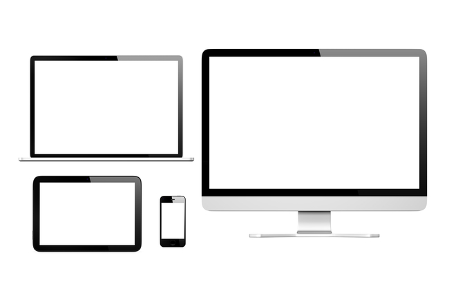 A collection of electronic devices including a laptop, tablet, smartphone, and desktop computer with blank screens, arranged from smallest to largest against a white background.