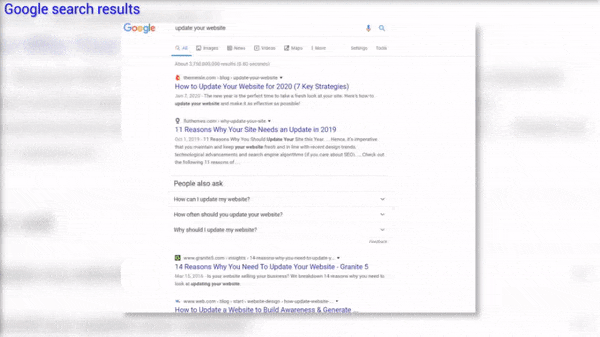 Google and YouTube search results for update your website search