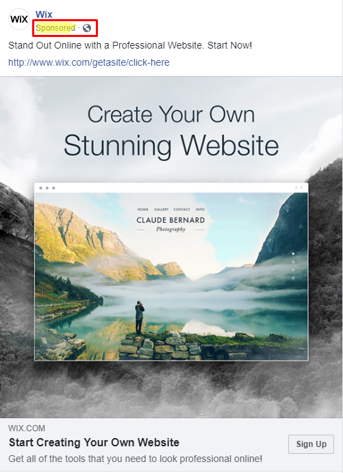 Wix advertisement showing a computer monitor with a photography website for 'Claude Bernard Photography' featuring a misty mountain landscape. Text on the ad encourages creating a stunning website with a 'Start Now' call to action and 'Sign Up' button.