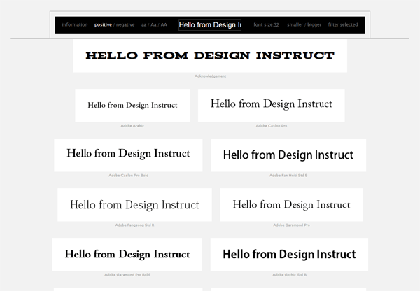 A collection of 'Hello from Design Instruct' text samples in different fonts including Adobe Garamond Pro, Adobe Caslon Pro, and Adobe Gothic Std B, displayed in various styles and weights.