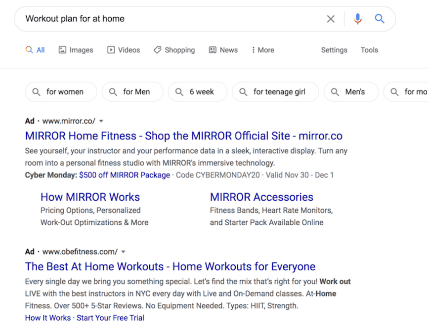 workout plan PPC ads