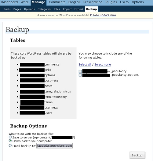 WP-DB-Backup screenshot