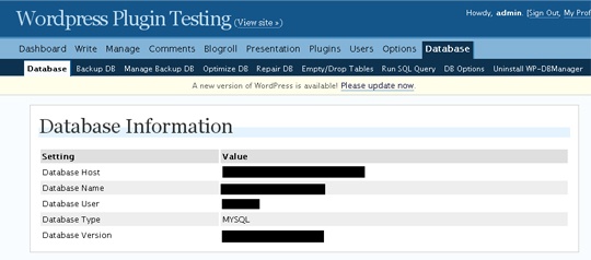 WP-DBManager admin interface screenshot