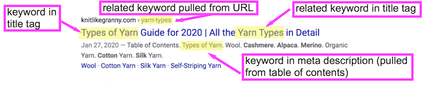 organic SERP listing about types of yarn