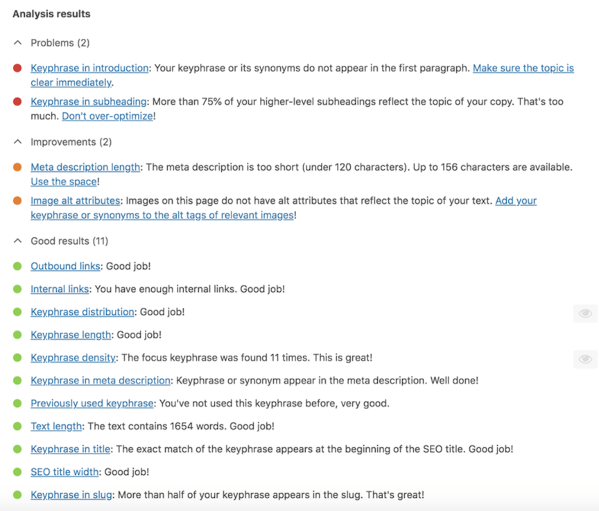 SEO analysis results from Yoast WordPress plugin