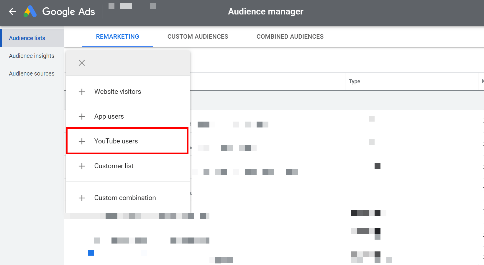 Select YouTube Users to start creating your YouTube remarketing list