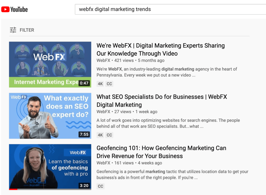 Screenshot of YouTube search results for 'webfx digital marketing trends' showing three video thumbnails from the WebFX channel, with titles related to internet marketing, SEO expertise, and geofencing basics.