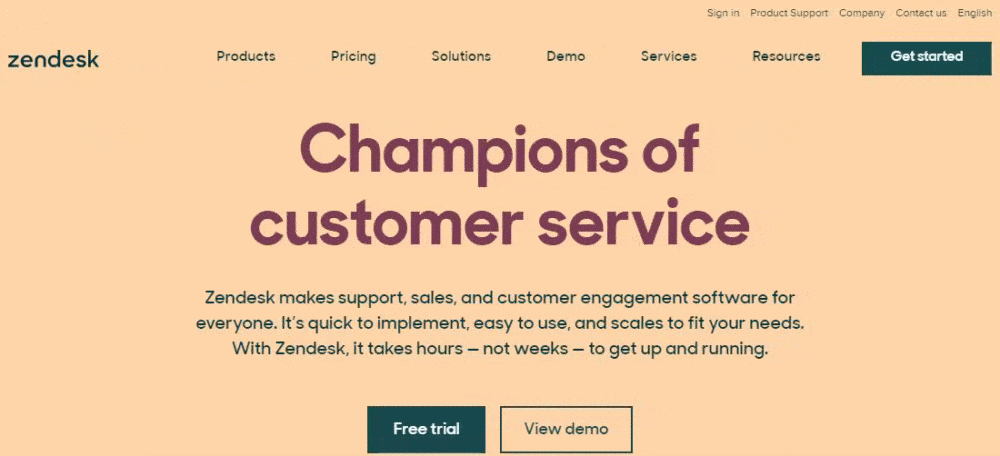 Zendesk homepage navigation dropdown