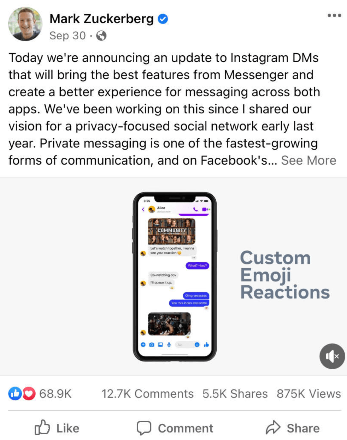 A Facebook post from Mark Zuckerberg detailing new Instagram updates