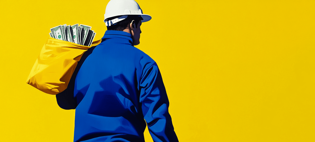 A construction worker walking with a bag of money