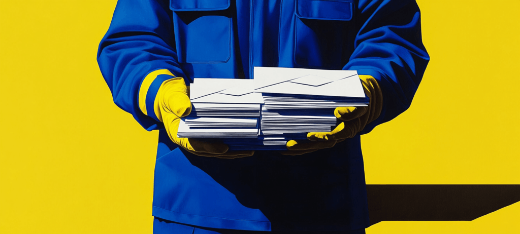 A construction worker holding many letter-sized envelopes.