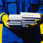 A construction worker holding many letter-sized envelopes.