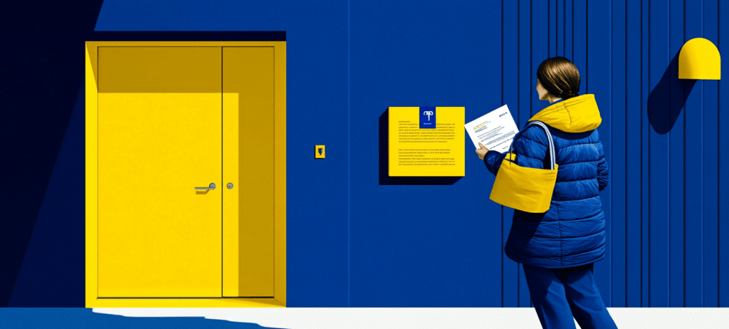Person reading document by yellow door