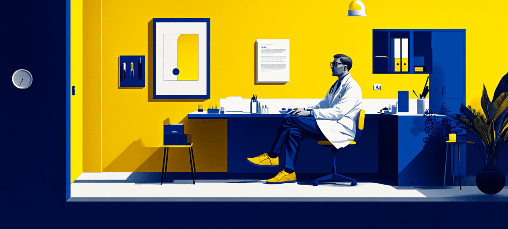 Doctor in a blue and yellow office
