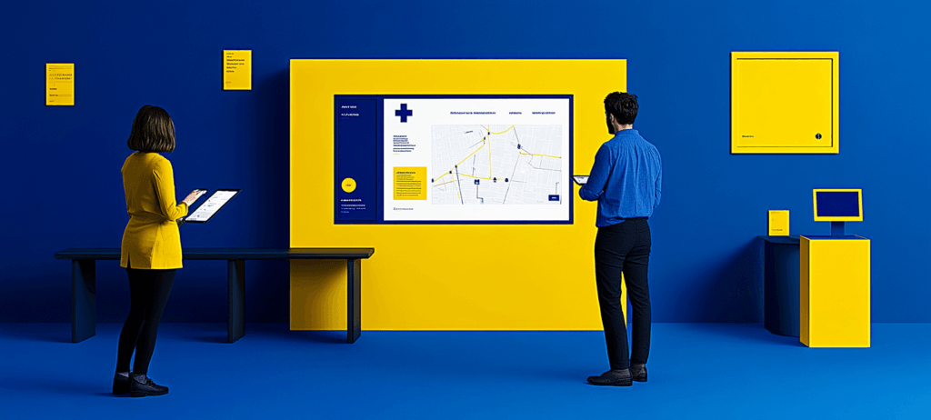 Blue & yellow office: People view medical data on screens.