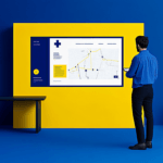 Blue & yellow office: People view medical data on screens.