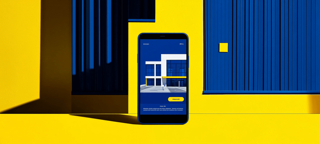 Phone showing building, blue and yellow background