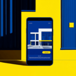 Phone showing building, blue and yellow background