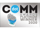 DotCOMM Awards Platinum Winner 2020 logo featuring a stylized globe with a brain-like pattern on top of a trophy.