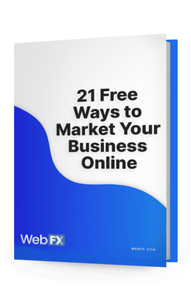 Digital book cover titled '21 Free Ways to Market Your Business Online' with WebFX logo.