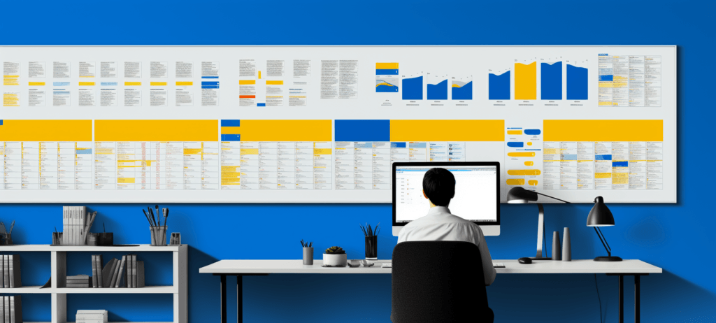 Person sitting at a desk in a modern office, working on a computer with organized wall boards displaying charts and graphs in blue and yellow above the desk.