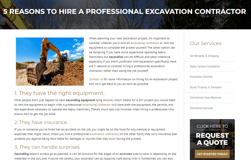 Screenshot of excavation company blog post