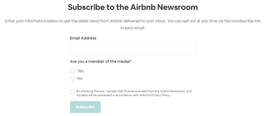 form to subscribe to Airbnb newsletter