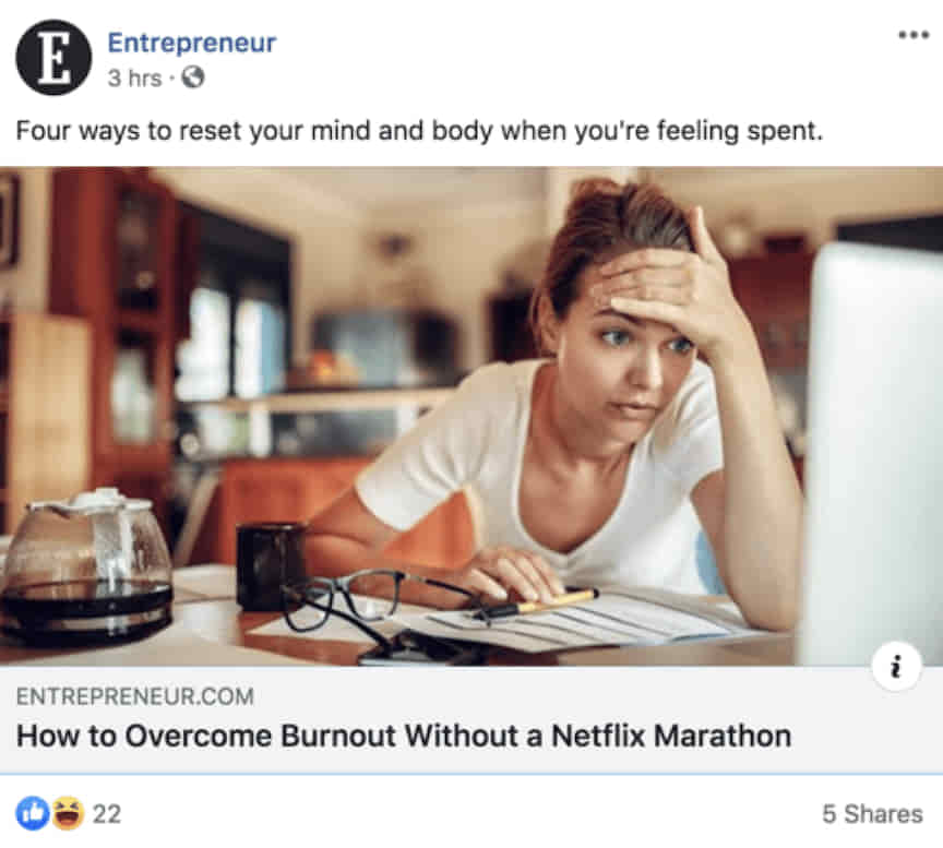 entrepreneur facebook post on burnout